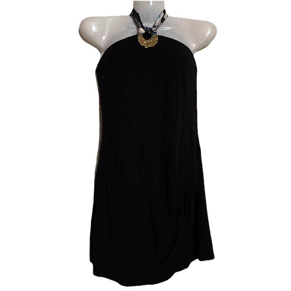 Vintage Cache Black Halter Dress Romper Y2K Blue Scarf Neckline
